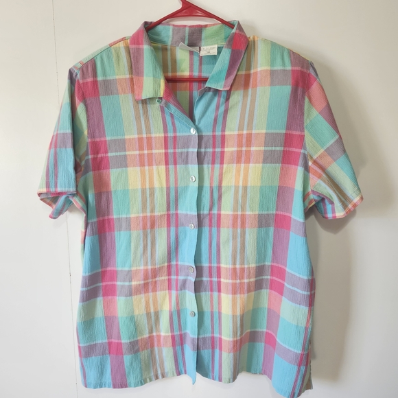 koret francisca Tops - Koret Francisca Vintage Plaid Button Up Shirt 18W Pastel Shoulder Pads 80s 90s!!